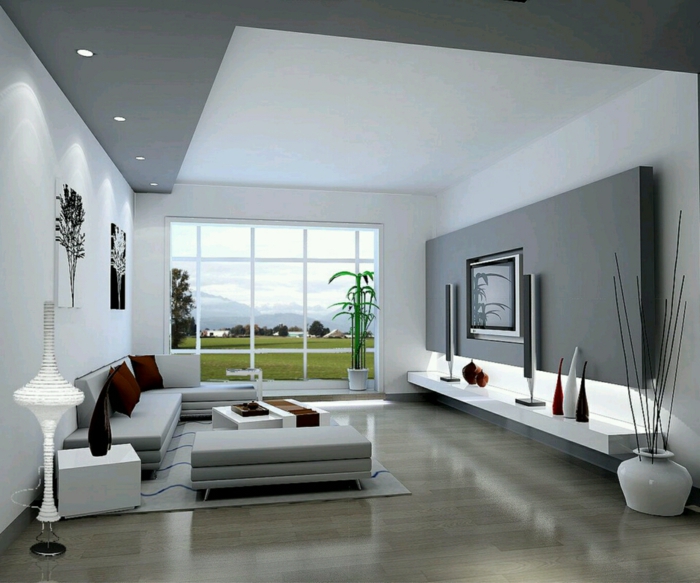 modernes wohnzimmer einrichten graue akzentwand einbauleuchten