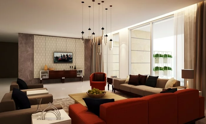 modernes wohnzimmer einrichten rote möbel braunnuancen
