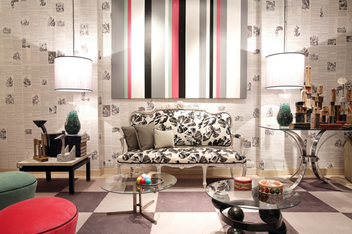 retro innendesign 50er jahre stil möbel sofa runde beitstelltische pendelleuchten wandtapete