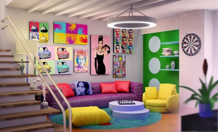 retro-stil-einrichtung-wohnzimmer-lila-sofa-gelber-hocker-sessel-runder-couchtisch-hochflorteppich-pop-art-wandkunst