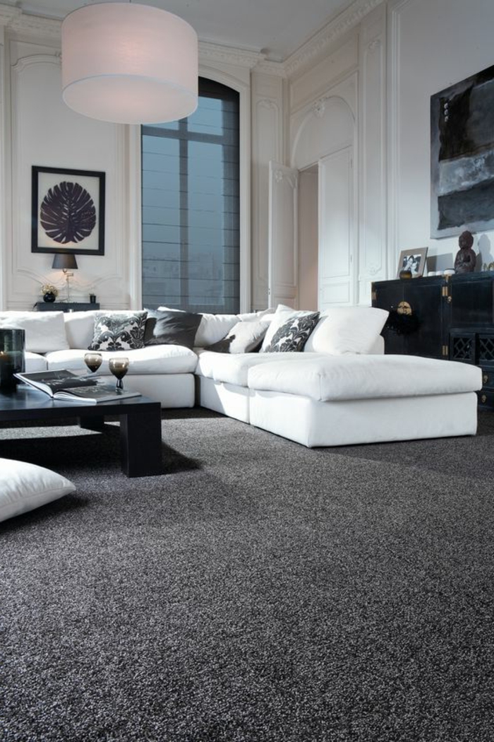 teppich wohnzimmer grau elegant weißes ecksofa