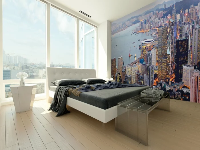 wandtapeten schlafzimmer wandgestaltung ideen schlafzimmerbank panoramafenster