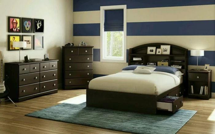 wohnung einrichten schlafzimmer dekorieren teppich akzentwand streifen