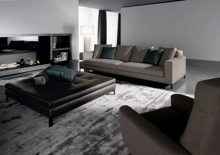 wohnzimmereinrichtung ideen schicker teppich ledelhocker elegante sofas