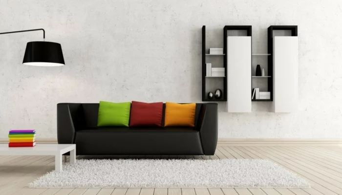 wohnzimmereinrichtung ideen schwarzes sofa regalsystem minimalistisch