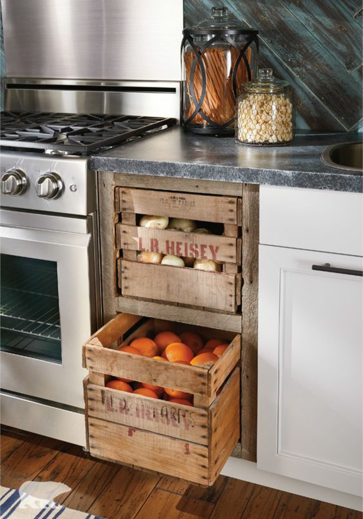 Wohnung einrichten Küchenmöbel Holzkisten für Obst und Gemüse