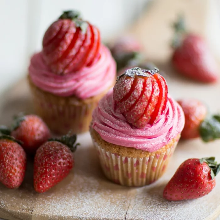 cupcake deco ideen lila topping sahne rosa erdbeeren puderzucker