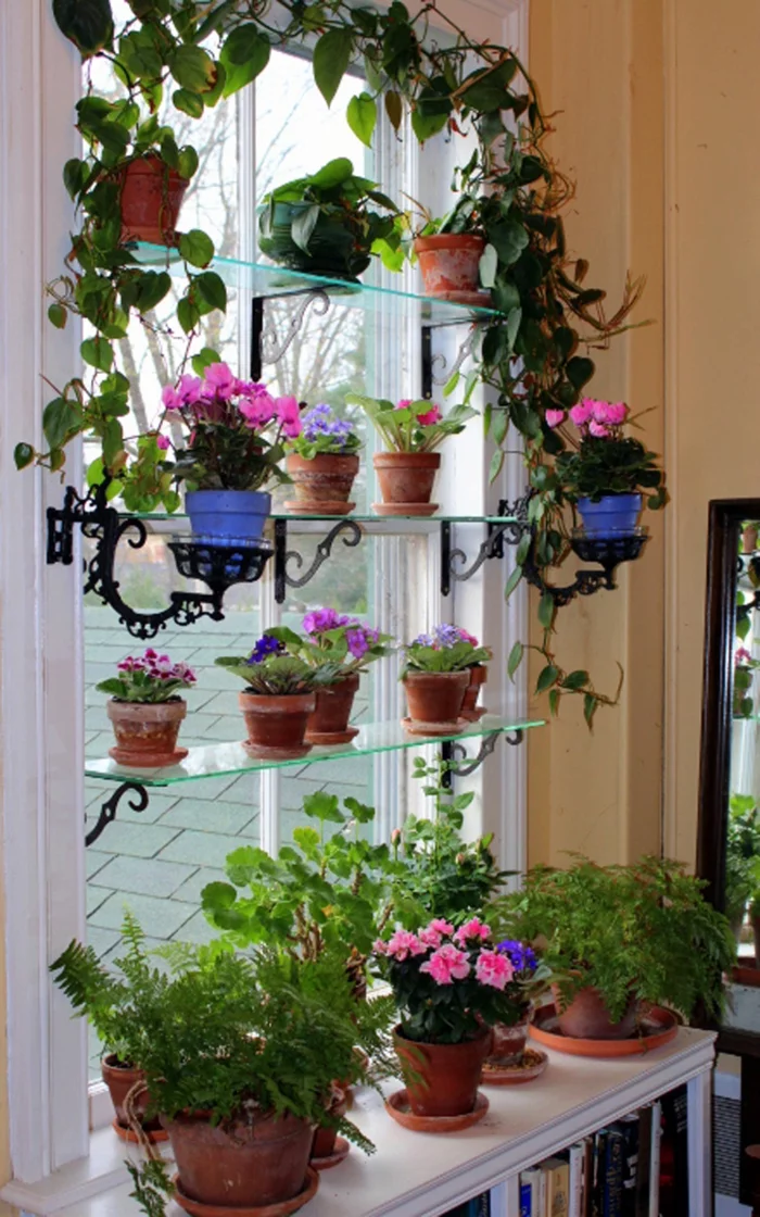Fensterbank Dekoration auf einigen Stufen mit Blumen