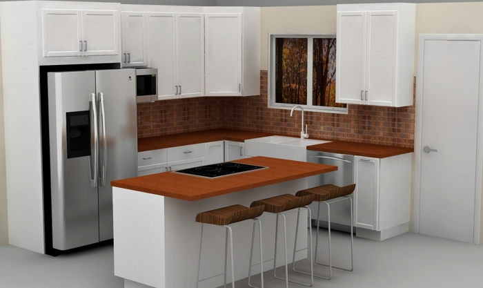 design kühlschrank silbern küchenrückwand fliesen kücheninsel weißer boden