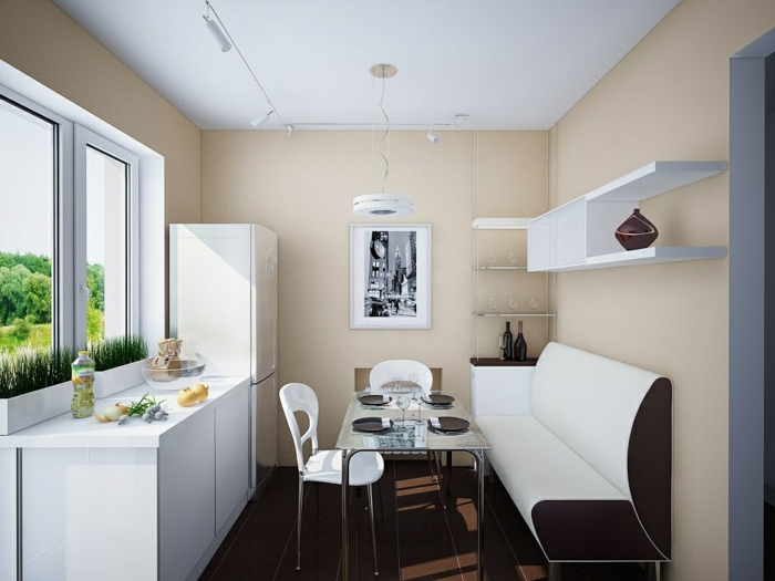 design kühlschrank weiß kleine küche einrichten beige wandfarbe