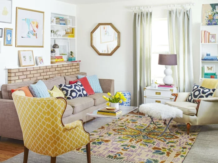 einrichtungsideen eklektisches wohnzimmer farbiger teppich muster kombinieren