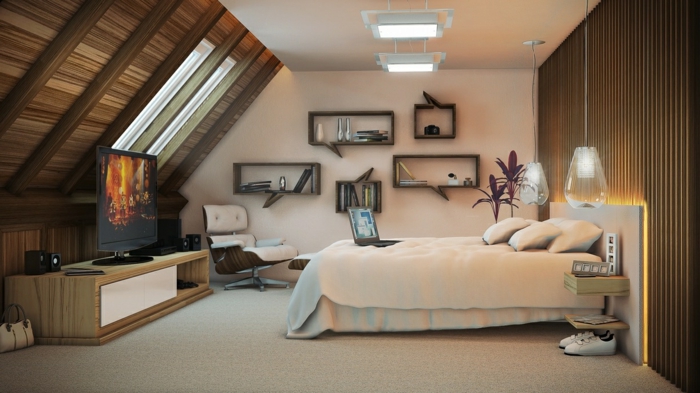 einrichtungsideen schlafzimmer coole hängeleuchten dachschräge fernseher