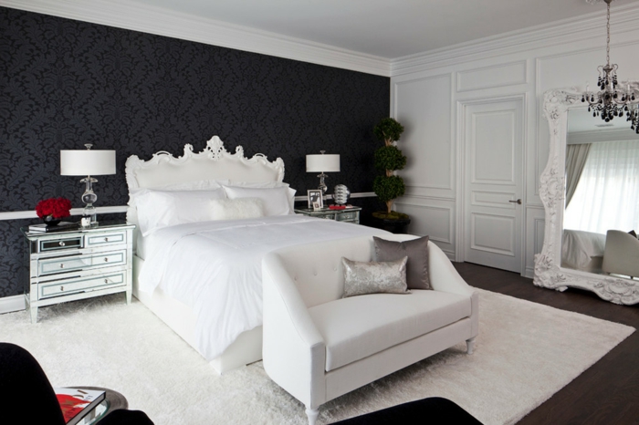 einrichtungsideen schlafzimmer weißer teppich elegante schwarze akzentwand