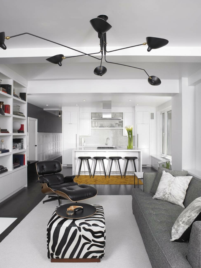 einrichtungsideen wohnzimmer zebra couchtisch weißer teppich offener wohnplan