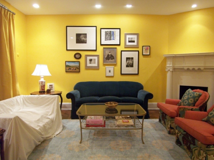farbige wände wohnzimmer gelbe wandfarbe gelbe gardinen