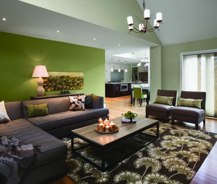 farbige wände wohnzimmer grüne wandfarbe eleganter teppich
