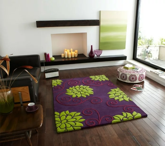 feuerstelle wohnzimmer dekoideen kerzen farbiger teppich