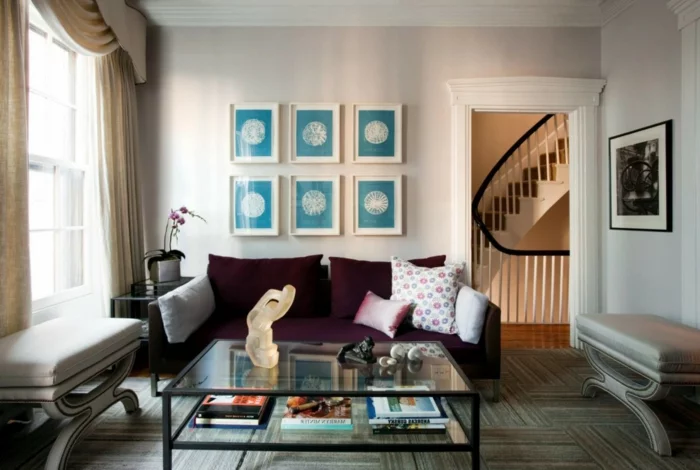 gardinen wohnzimmer schlichte gardinen lila sofa