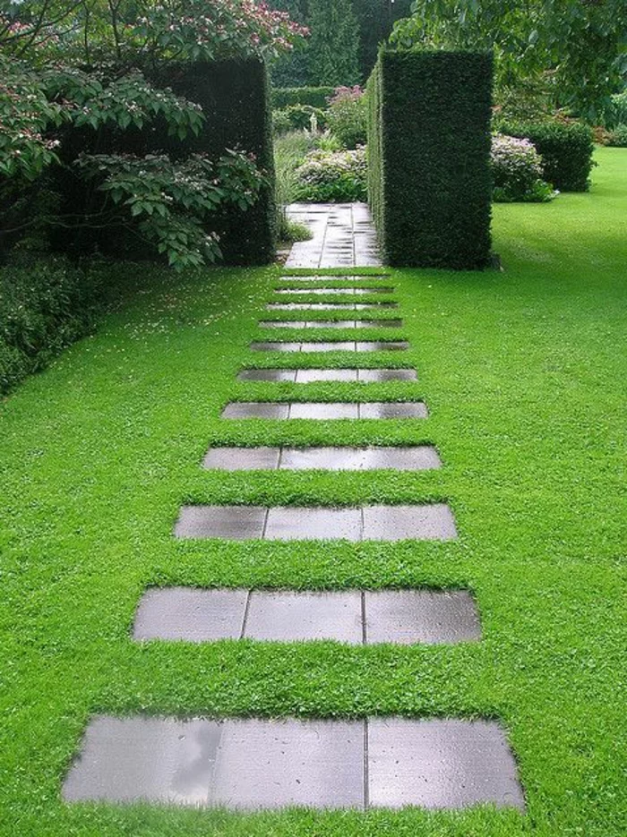 Gehwegplatten mit einem großen Abstand und grüner Rasen