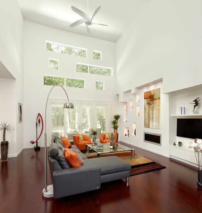 graues sofa orange dekokissen wohnzimmer einrichten beislpiele