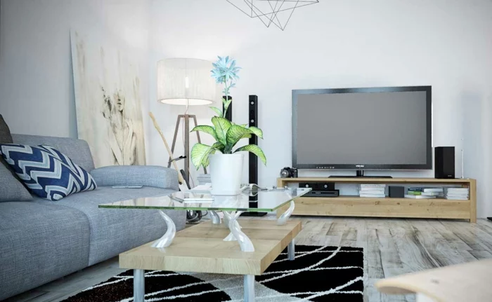 graues sofa wohnideen wohnzimmer eleganter teppich pflanze fernseher