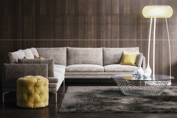kleine wohnung einrichten designer möbel sofa teppich runder couchtisch pouf