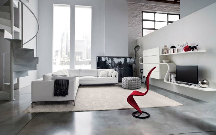modern einrichten teppich roter sessel weiße wände moderne wohnwand