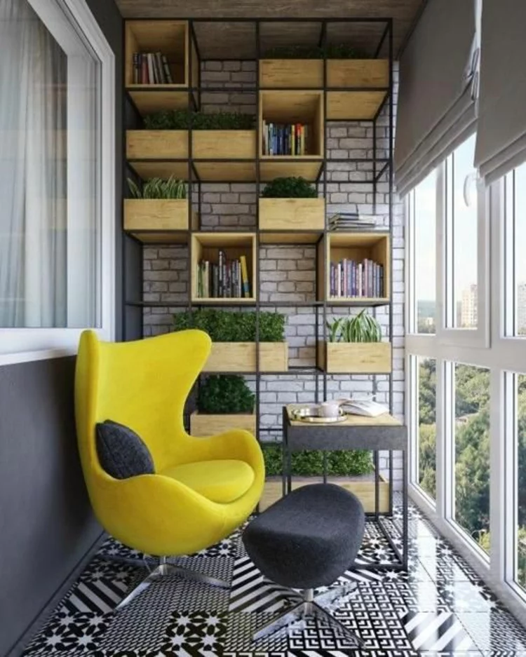 moderne Terrassengestaltung Bilder Balkonmöbel frische Farben Bücherregal