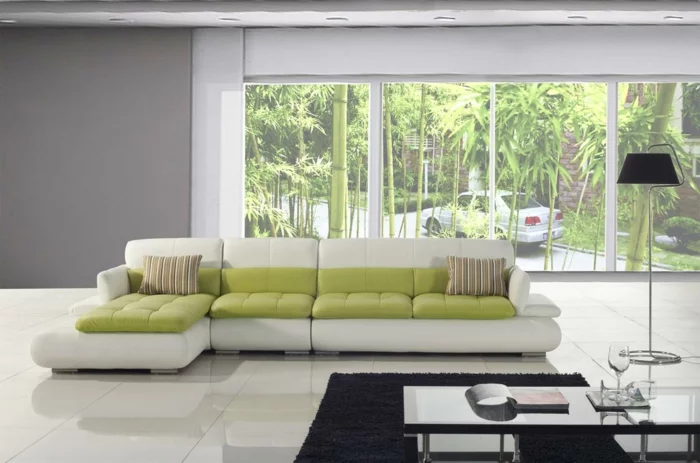 moderne bodenbeläge wohnzimmer einrichten grüne akzente weiße bodenfliesen