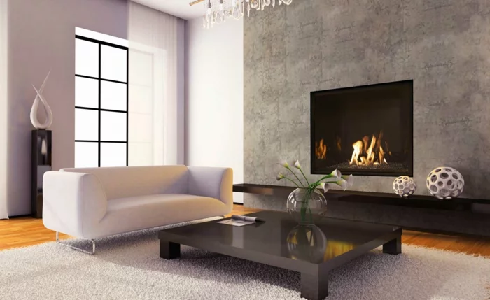 moderne feuerstellen wohnzimmer graue wand weißer teppich blumen