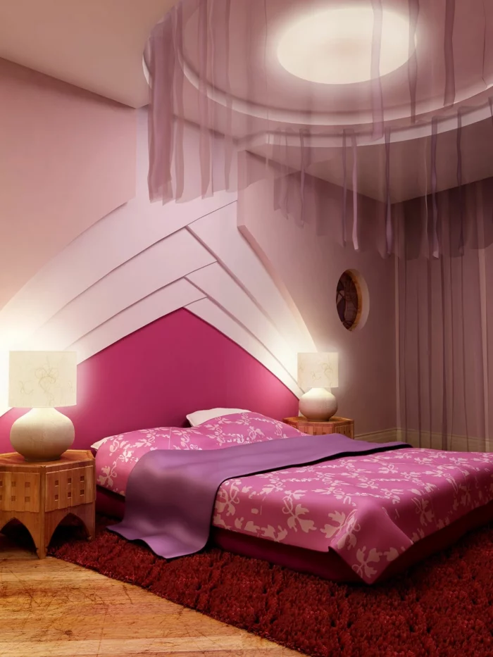 schlafzimmer einrichten beispiele ausgefallenes bettkopfteil roter teppich rosa wand