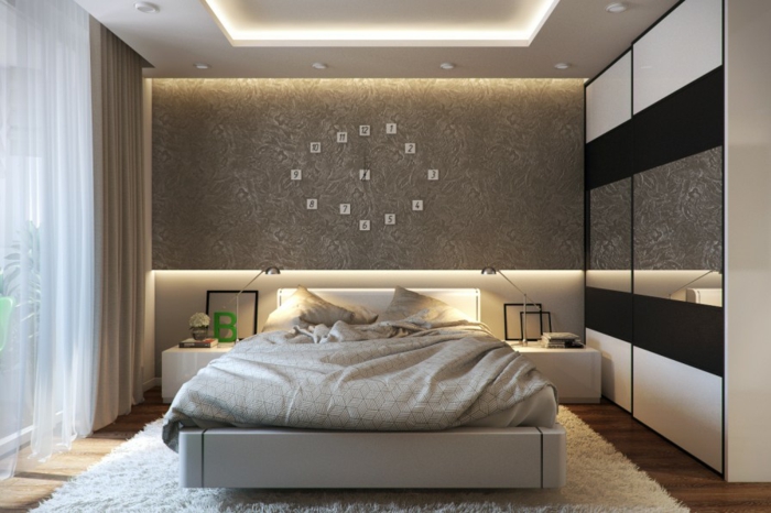 schlafzimmer einrichten beispiele luxuriöse wandgestaltung wanduhr teppich