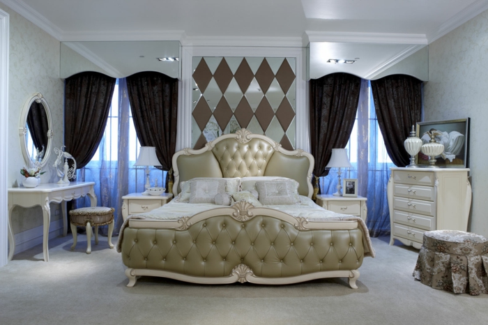 schlafzimmer einrichten beispiele luxuriöses bett elegante gardinen braun