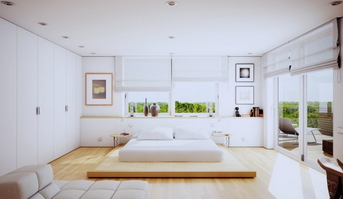 schlafzimmer einrichten beispiele minimalistisch weiße wände glastüren eingebauter kleiderschrank