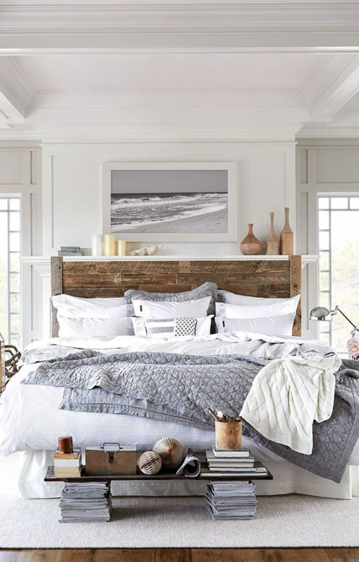 schlafzimmer einrichten beispiele rustikales bettkopfteil weißer teppich kreative ideen