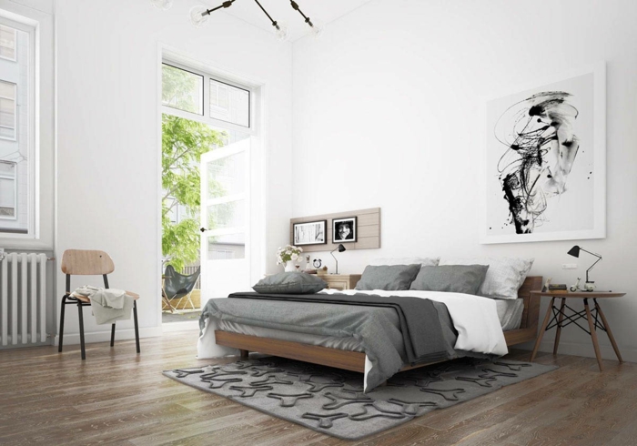 schlafzimmer einrichten beispiele skandinavisch grauer teppich bettwäsche weiße wände
