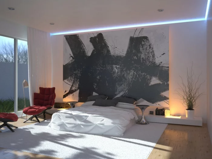schlafzimmer einrichten beispiele weißer teppich roter relaxsessel akzentwand