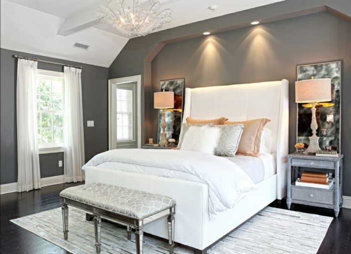 schlafzimmer einrichten beispiele weißes bett heller teppich graue wände