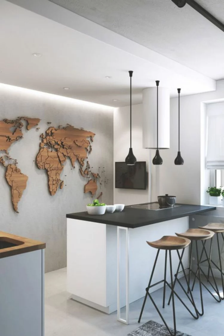 schöne Küchen Küchenideen moderne Küche Betonwand Weltkarte Holz