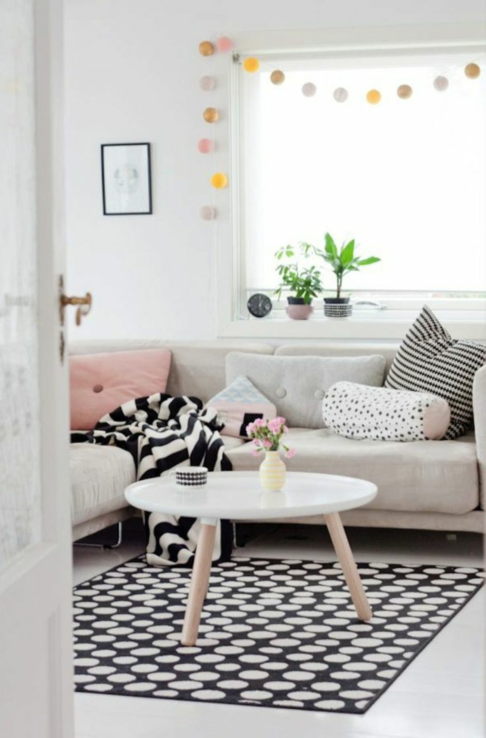 stoffmuster wohnzimmer schwarz weiße muster teppichmuster skandinavischer einrichtungsstil