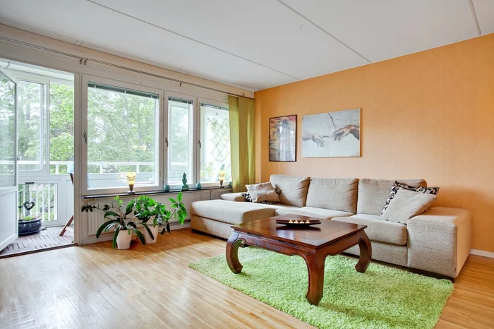 wandgestaltung ideen akzentwand orange grüner teppich pflanzen wohnideen wohnzimmer