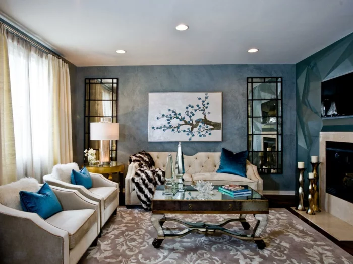 wandgestaltung ideen wohnideen wohnzimmer stilvolle blaue wände spiegeloberflächen