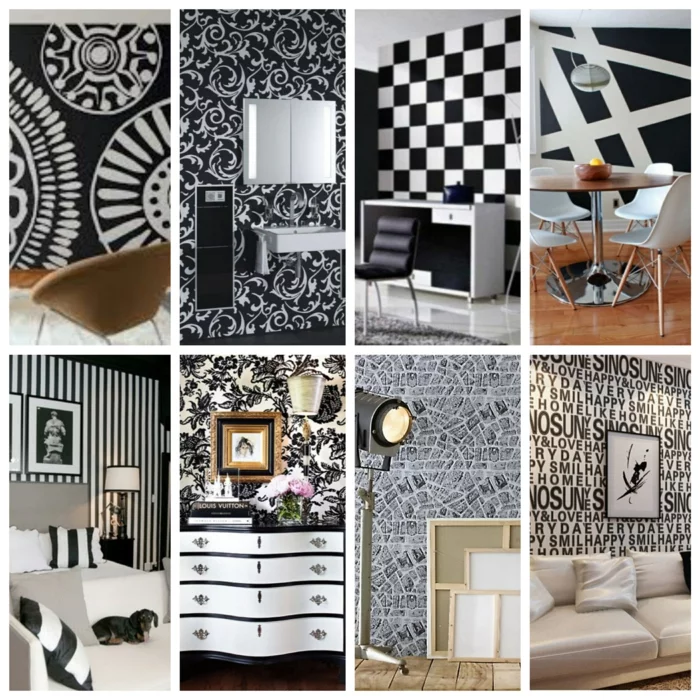 Muster in Schwarz-Weiß wandgestaltung mit Farbe wandgestaltung schwarz weiß bad einrichten collage 