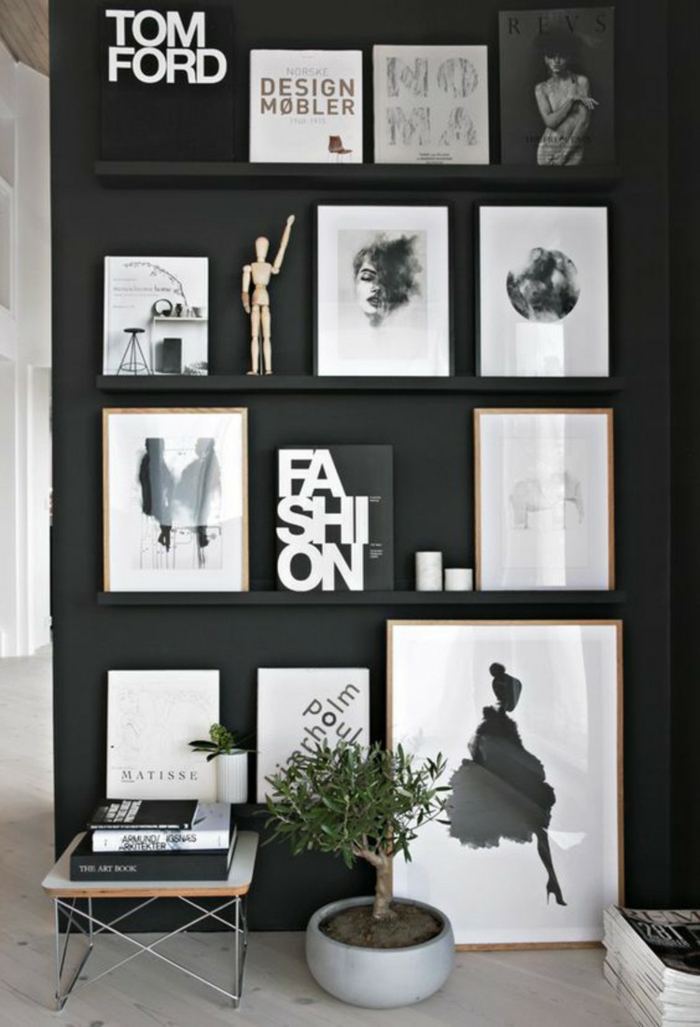 Muster in Schwarz-Weiß wandgestaltung mit Farbe wandgestaltung-schwarz-weiß-wohnzimmer-einrichten-akzentwand