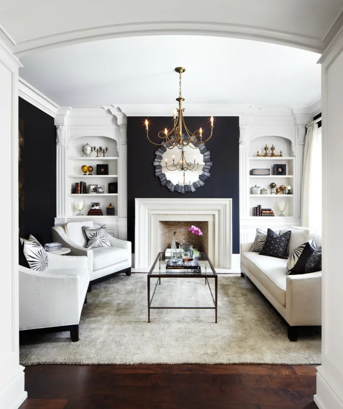 Muster Schwarz-Weiß wandgestaltung mit Farbe einrichtungsbeispiele schwarz weiß wohnzimmer einrichten durchgang