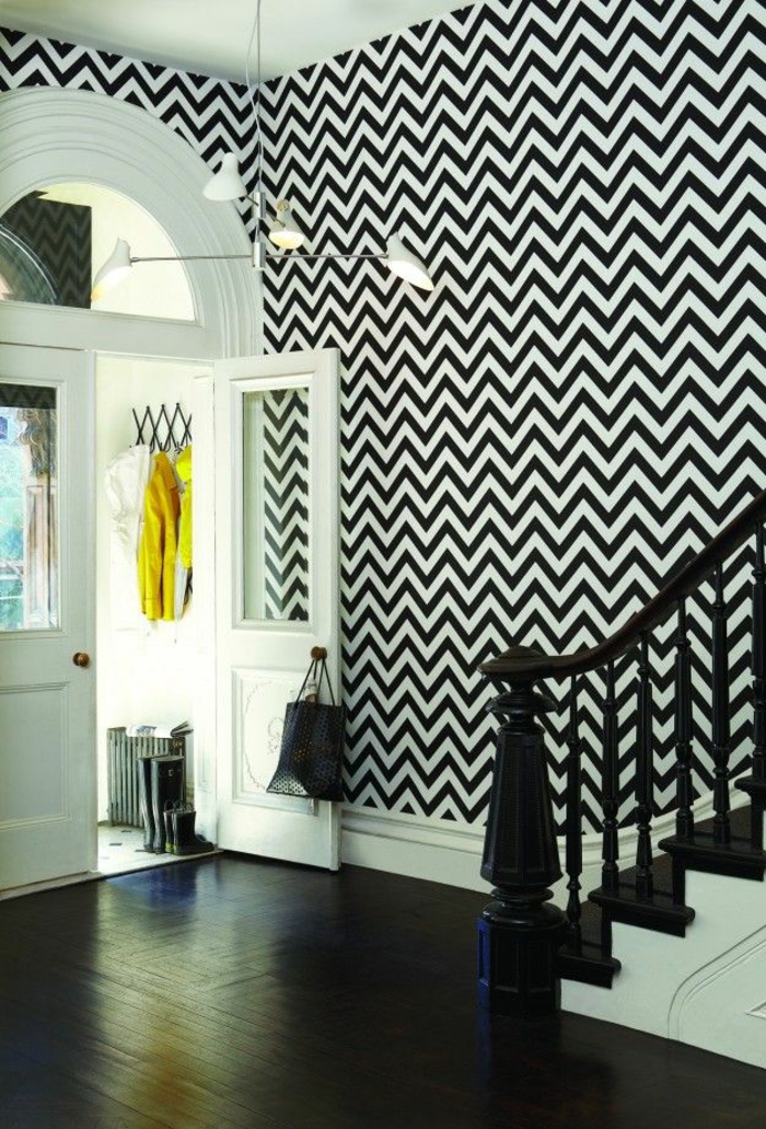 Muster Schwarz-Weiß wandgestaltung mit Farbe einrichtungsbeispiele schwarz weiß wohnzimmer einrichten flur