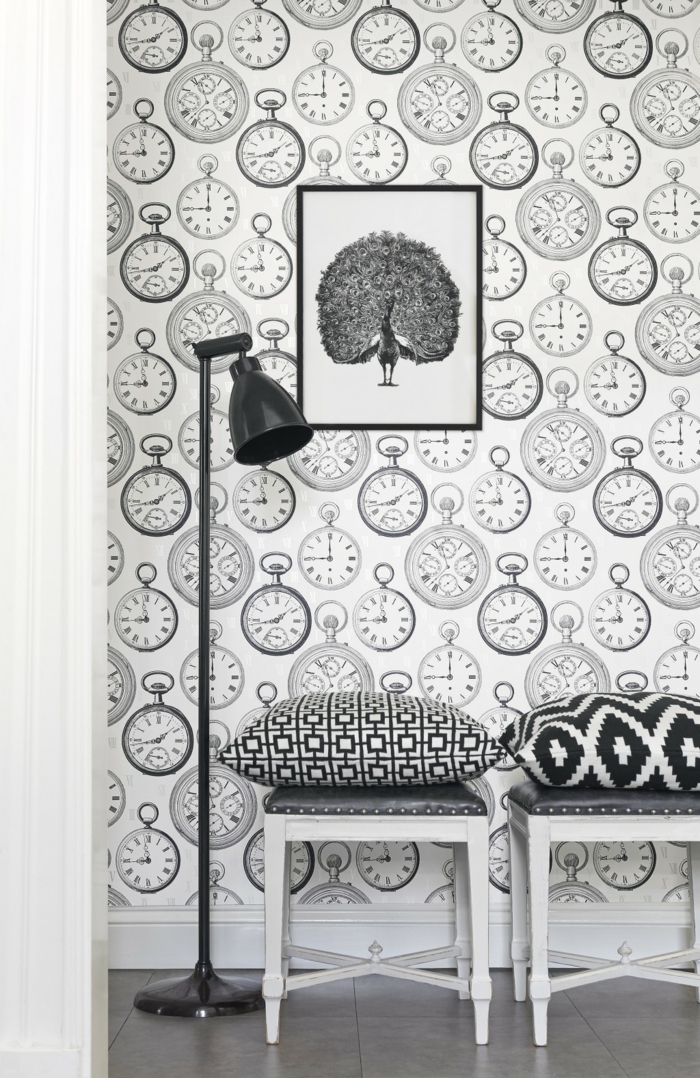 Muster Schwarz-Weiß wandgestaltung mit Farbe schwarz weiß wohnzimmer einrichten muster uhr