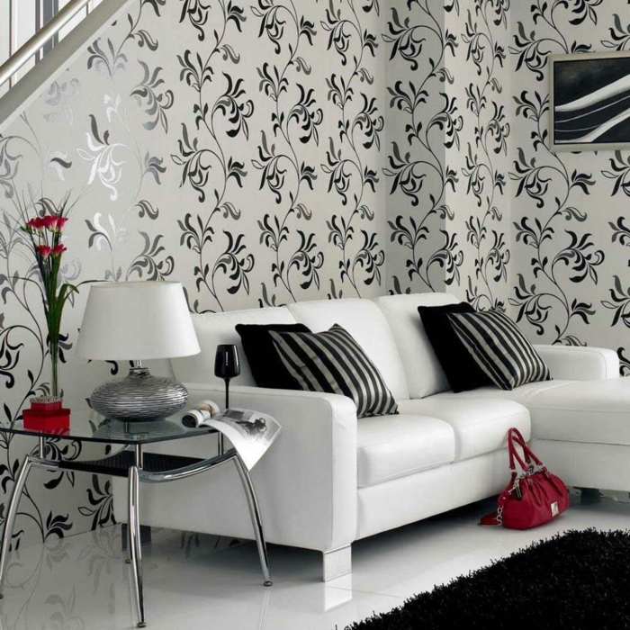 Muster Schwarz-Weiß wandgestaltung mit Farbe Einrichtungsbeispiele schwarz weiß wohnzimmer einrichten weiss schwarz floral
