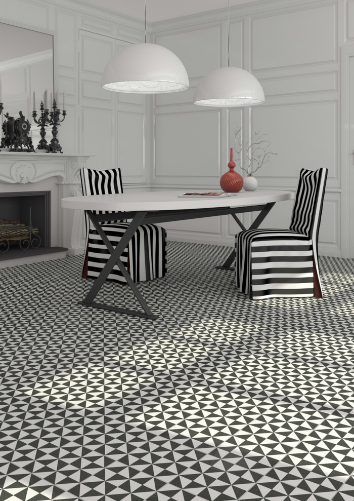 Muster Schwarz-Weiß wandgestaltung mit Farbe wohnzimmer einrichten weiss schwarz stuhl