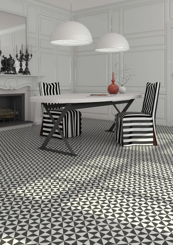 Muster Schwarz-Weiß wandgestaltung mit Farbe wohnzimmer einrichten weiss schwarz stuhl